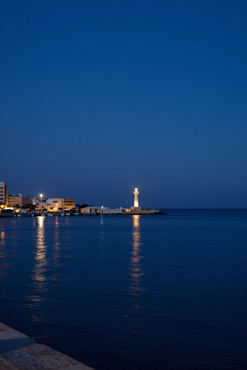 Predawn Alexandria Harbor View with Distant Lighthouse and Calm Mediterranean Waters in in Alexandria, Egypt