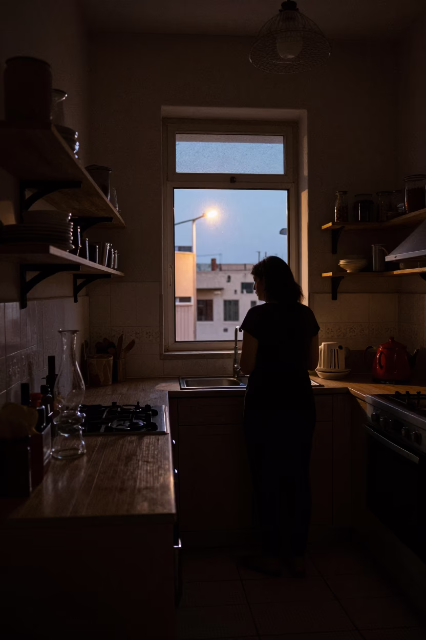 Predawn Alexandria Kitchen Scene with Shelves and Glass Vase in in Alexandria, Egypt