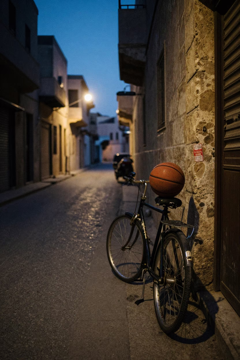Predawn Alexandria Street Scene with Bicycle and Loom Shuttle in in Alexandria, Egypt