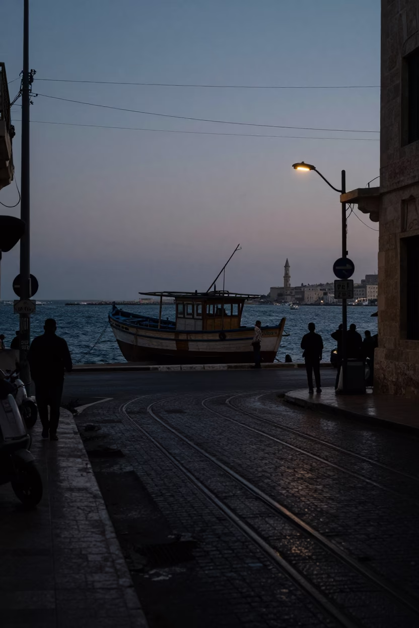 Predawn Alexandria Street Scene with Funicular Railway and Fishing Boat in in Alexandria, Egypt