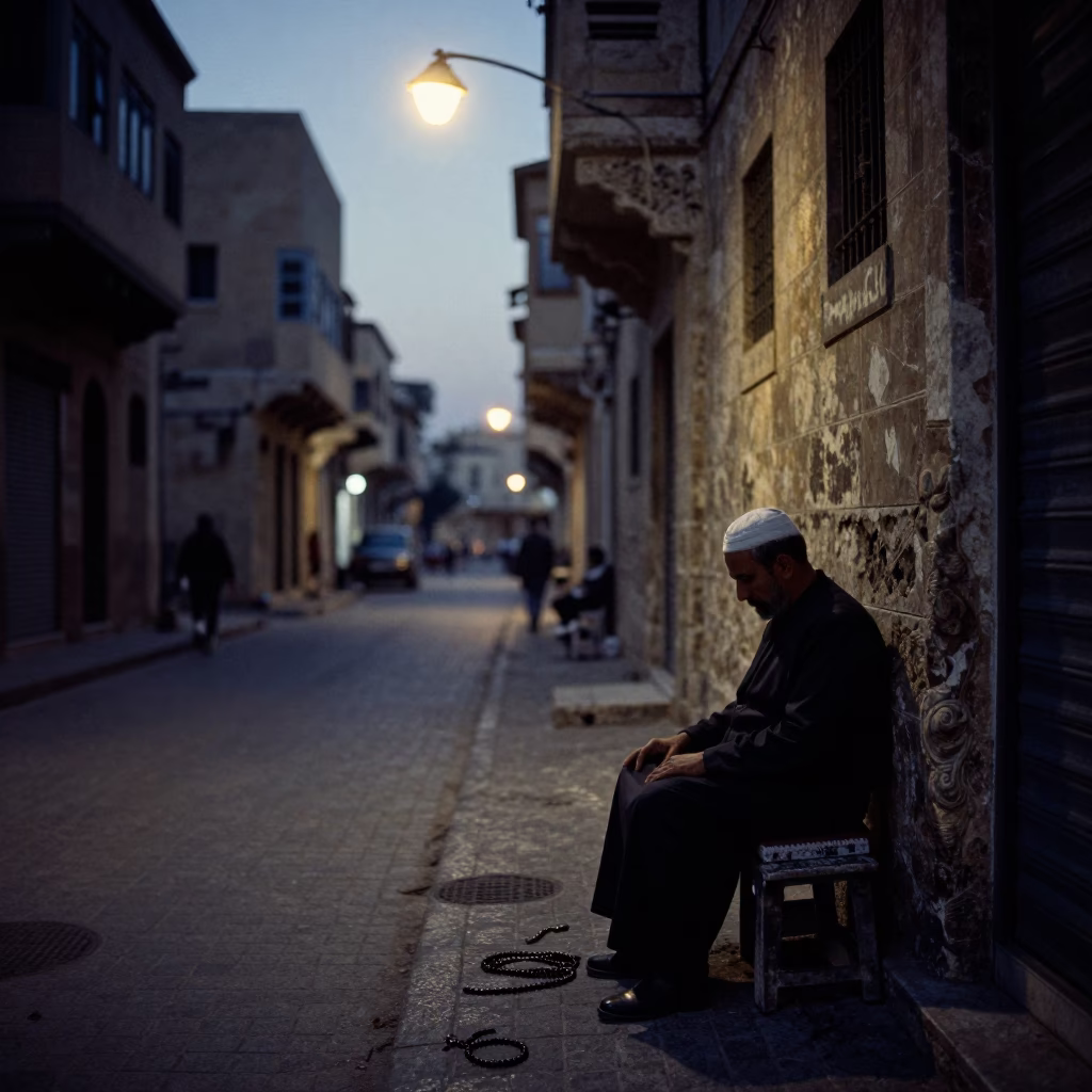 Predawn Alexandria Street Scene with Prayer Beads and Early Morning Light in in Alexandria, Egypt