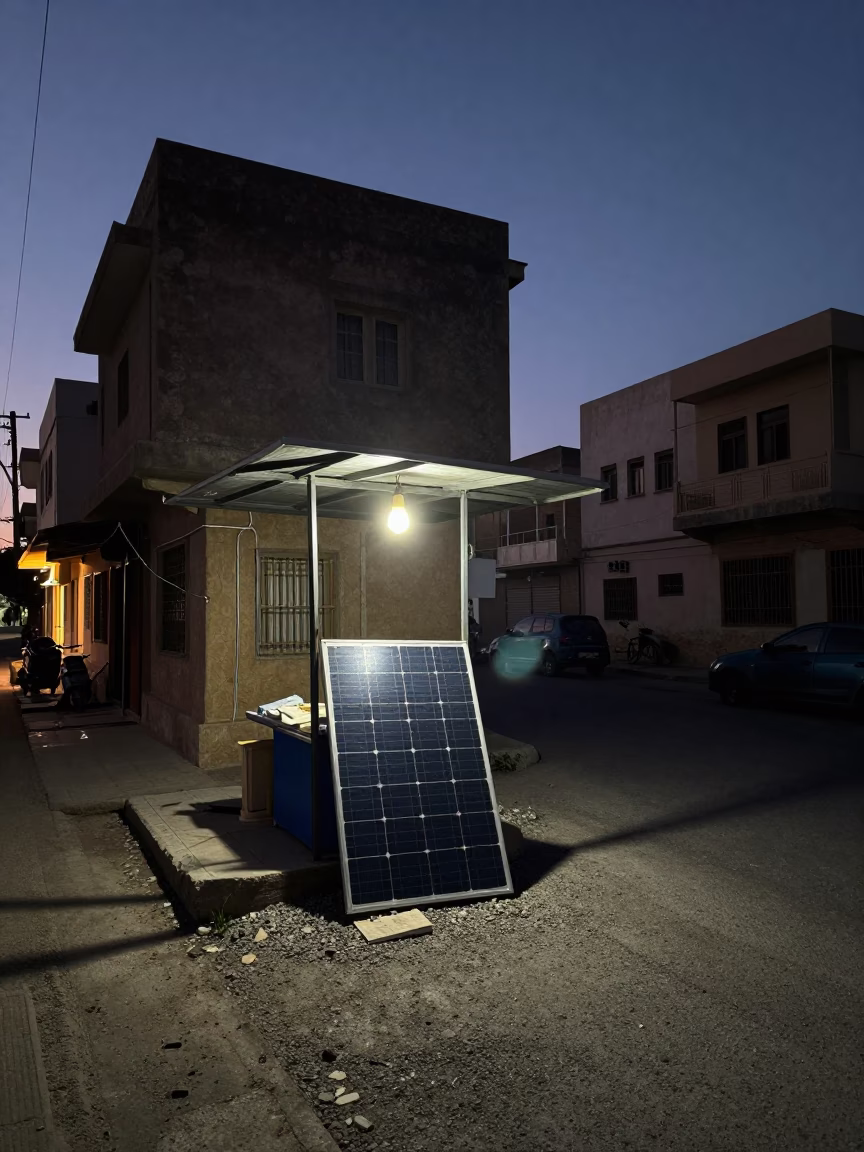 Predawn Alexandria Street Scene with Solar Panels and Local Commerce in in Alexandria, Egypt