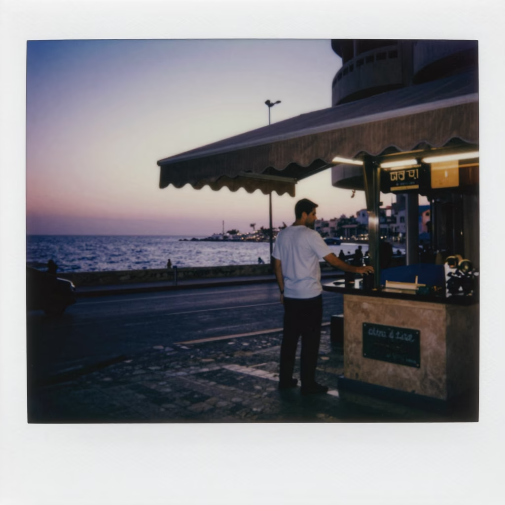 Predawn Alexandria Street Scene with Valet Stand and Hotel Awning Reflections in in Alexandria, Egypt