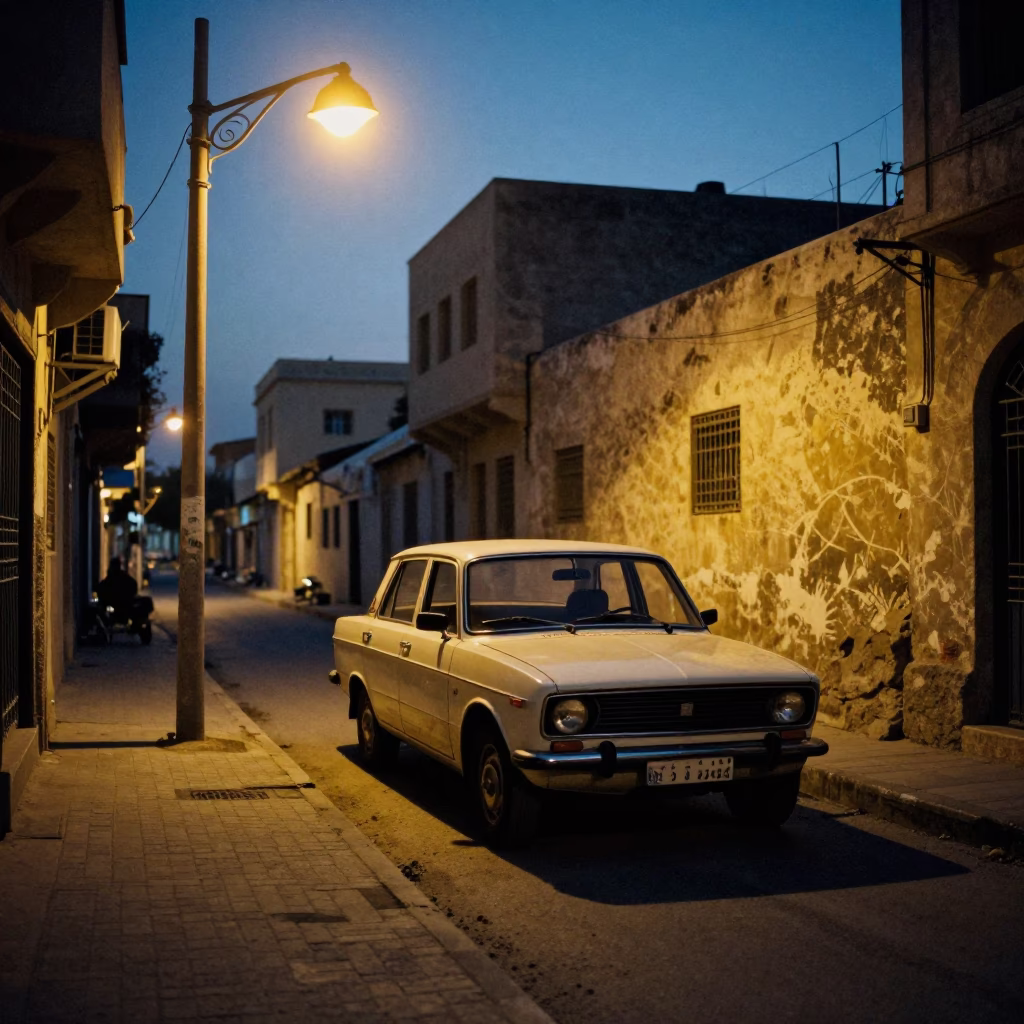Predawn Alexandria Street Scene with Vintage Car and Local Vendor in Egypt in in Alexandria, Egypt