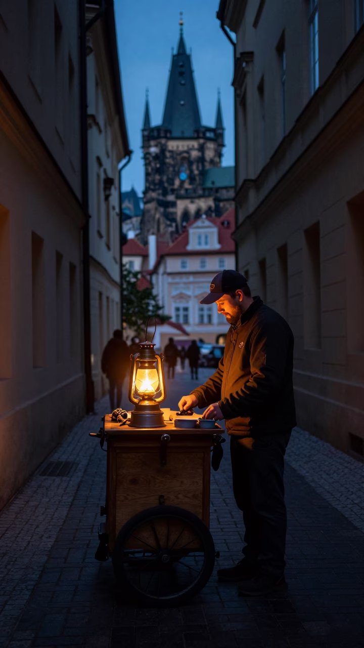 Predawn Alleyway in Prague at The Predawn Darkness Light in in Prague, Czech Republic