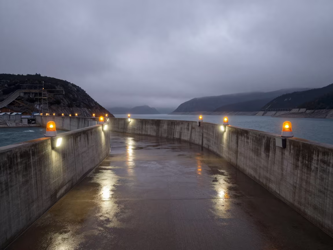 Predawn Amber Beacons on Andes Dam Deck in along concrete walls above turbulent water in the Andes
