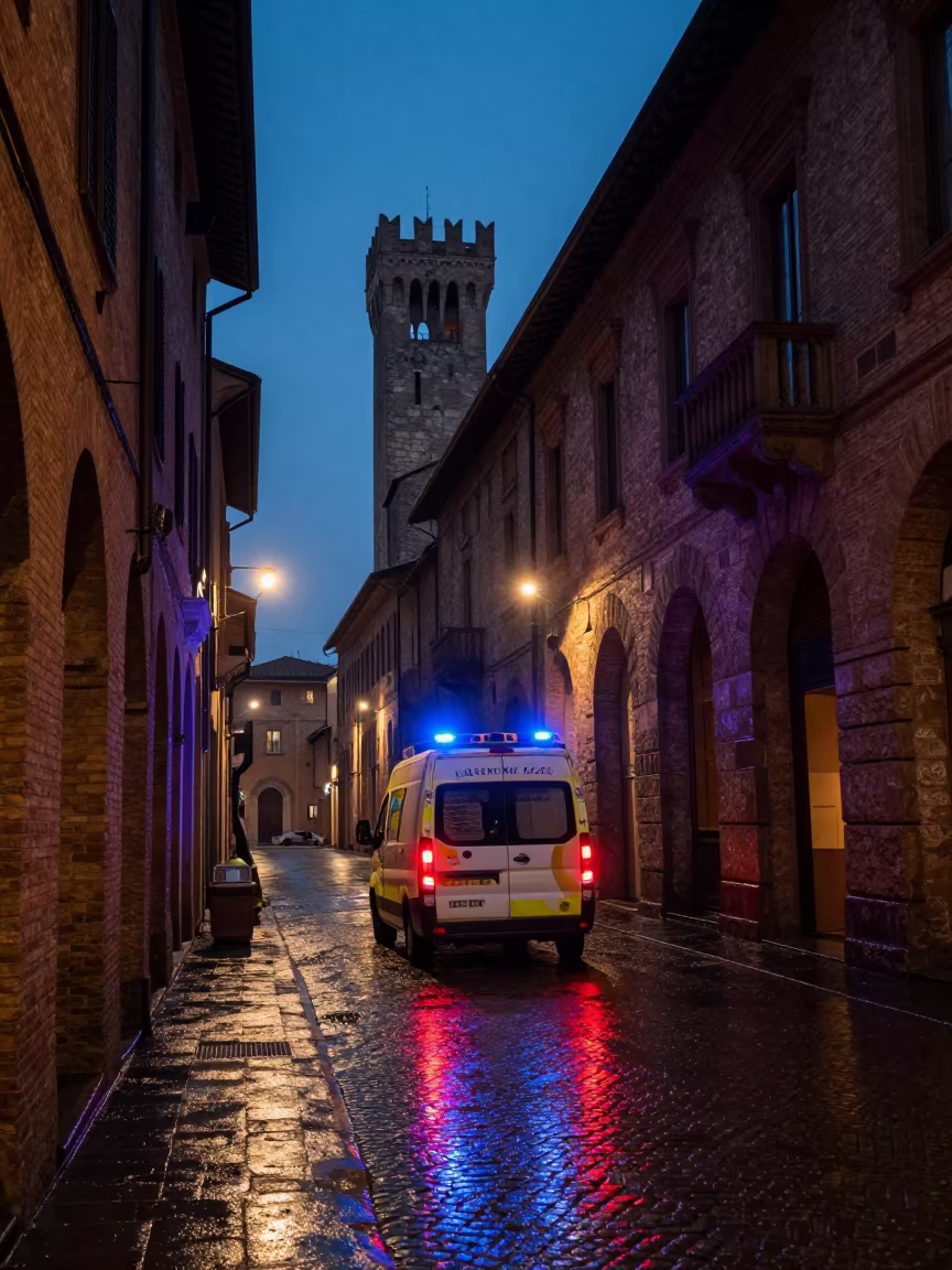 Predawn Ambulance in Rainy Bologna Street in along a rain-darkened medical block near Bologna