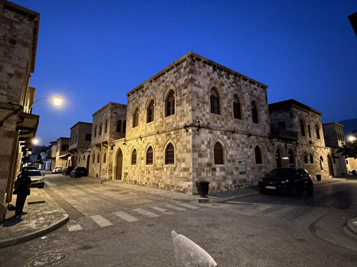 Predawn Amman Street Scene with Frosted Telescope Eyepiece and Stone Architecture in in Amman, Jordan