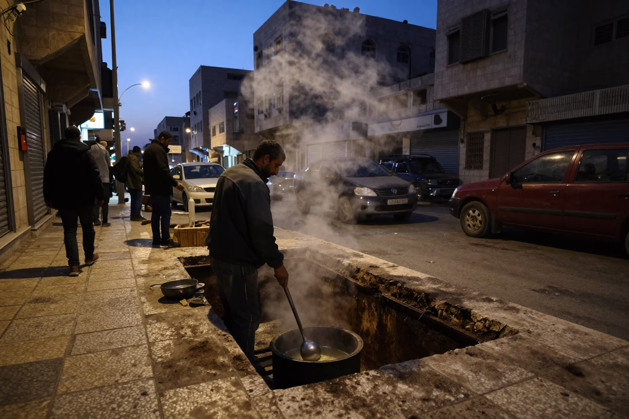 Predawn Amman Street Scene with Steaming Trench and Urban Elements in 1960s Jordan in in Amman, Jordan