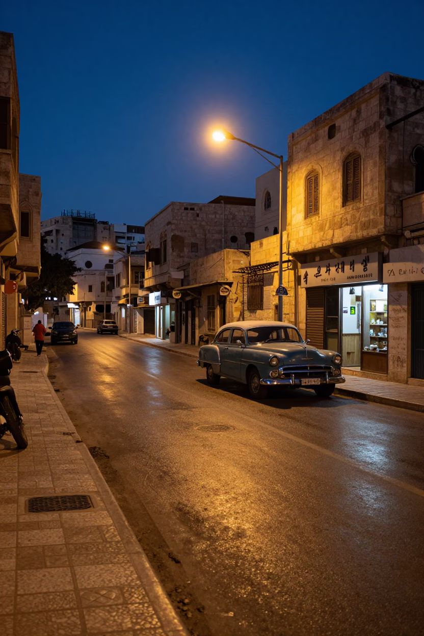 Predawn Amman Street Scene with Vintage Car and Local Shopkeeper in in Amman, Jordan