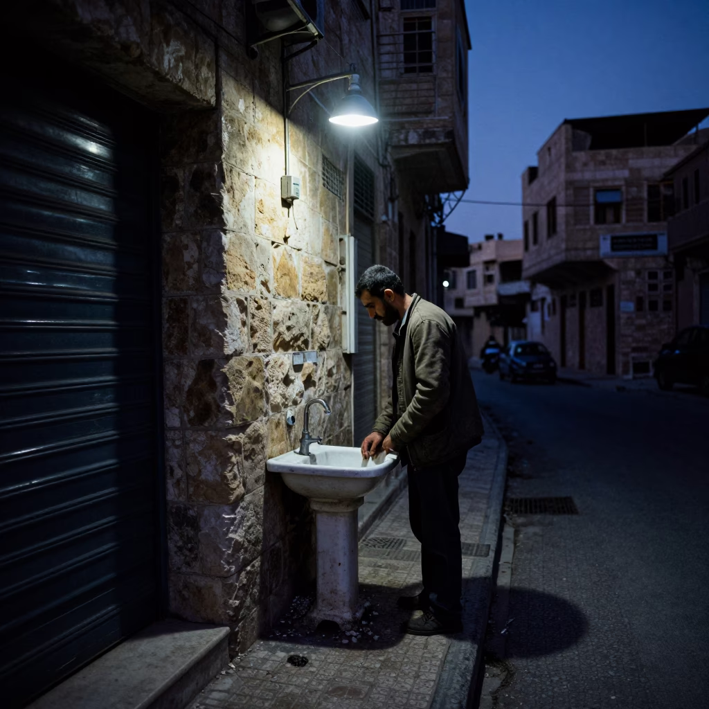 Predawn Amman Street Scene with Wash Basin and Local Morning Routine in in Amman, Jordan