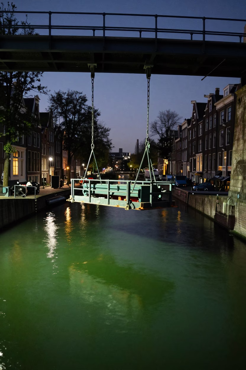 Predawn Amsterdam Canal Bridge Maintenance Cradle Hanging Over Green Water in in Amsterdam, Netherlands