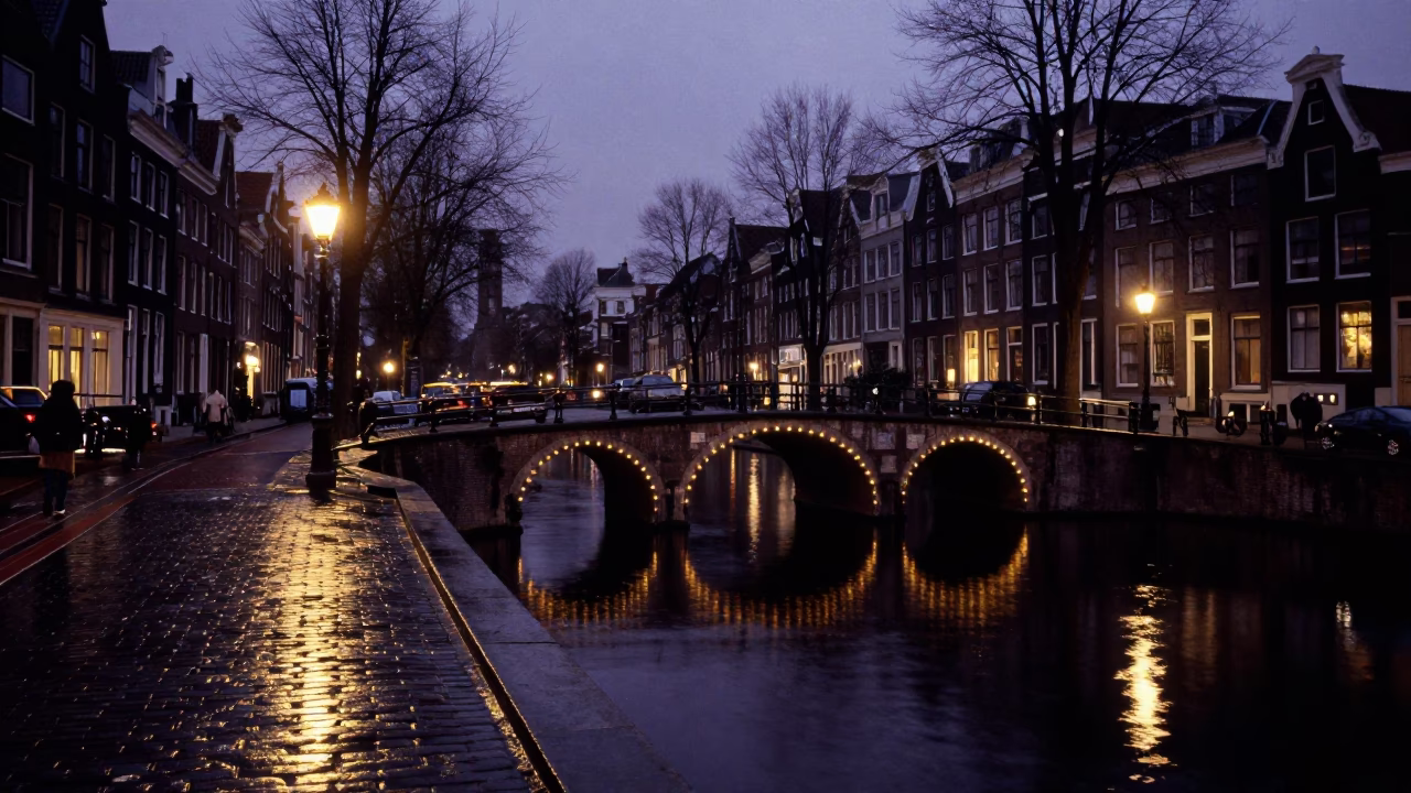 Predawn Amsterdam Canal Bridge Reflections with Damp Cobblestones and Dim Streetlight in in Amsterdam, Netherlands