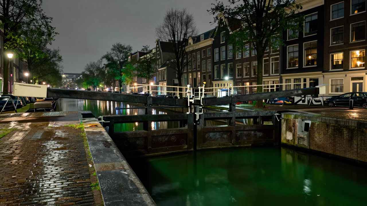 Predawn Amsterdam Canal Lock Gate Closing on Still Green Water in in Amsterdam, Netherlands
