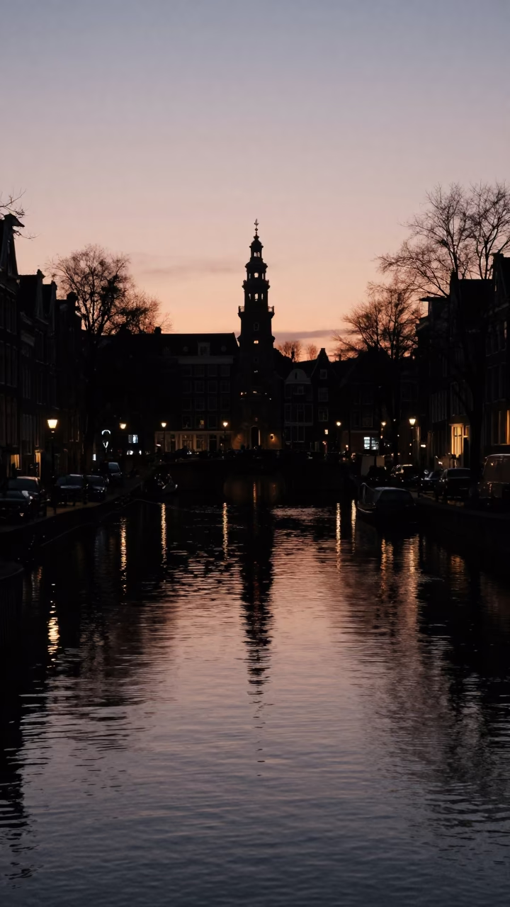 Predawn Amsterdam Canal Reflections and Water Tower Silhouette in in Amsterdam, Netherlands