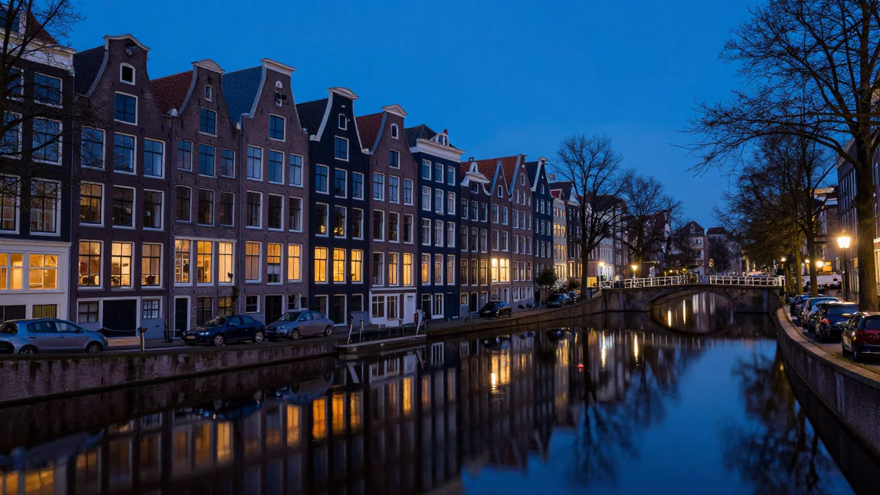 Predawn Amsterdam Canal Reflections with Historic Brick Architecture and Wet Cobblestones in in Amsterdam, Netherlands