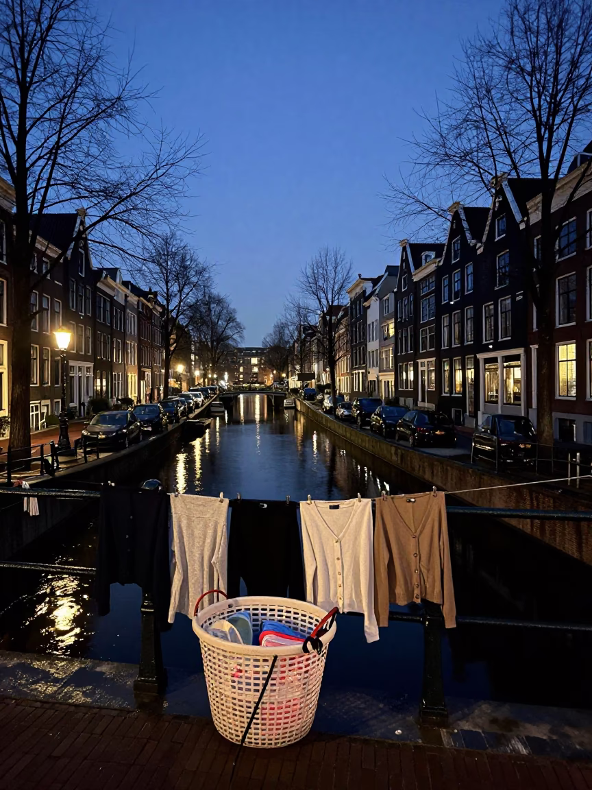 Predawn Amsterdam Canal Scene with Laundry Basket and Cardigans on Brick Quayside in in Amsterdam, Netherlands