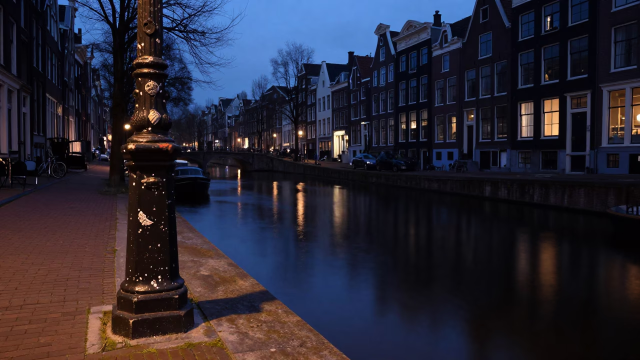 Predawn Amsterdam Canal Scene with Weathered Metal and Porcelain Details in in Amsterdam, Netherlands