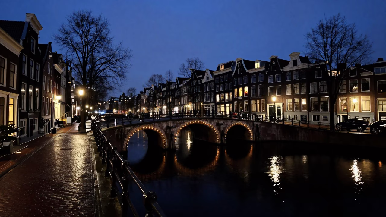Predawn Amsterdam Canal Scene with Wet Cobblestones and Bridge Reflections in in Amsterdam, Netherlands