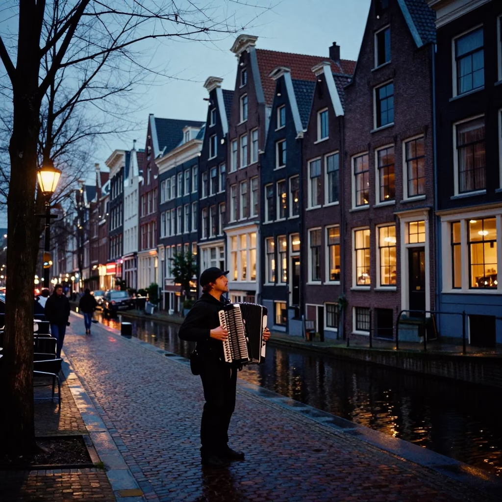 Predawn Amsterdam Canal Street Scene with Accordion Player and Wet Cobblestones in in Amsterdam, Netherlands