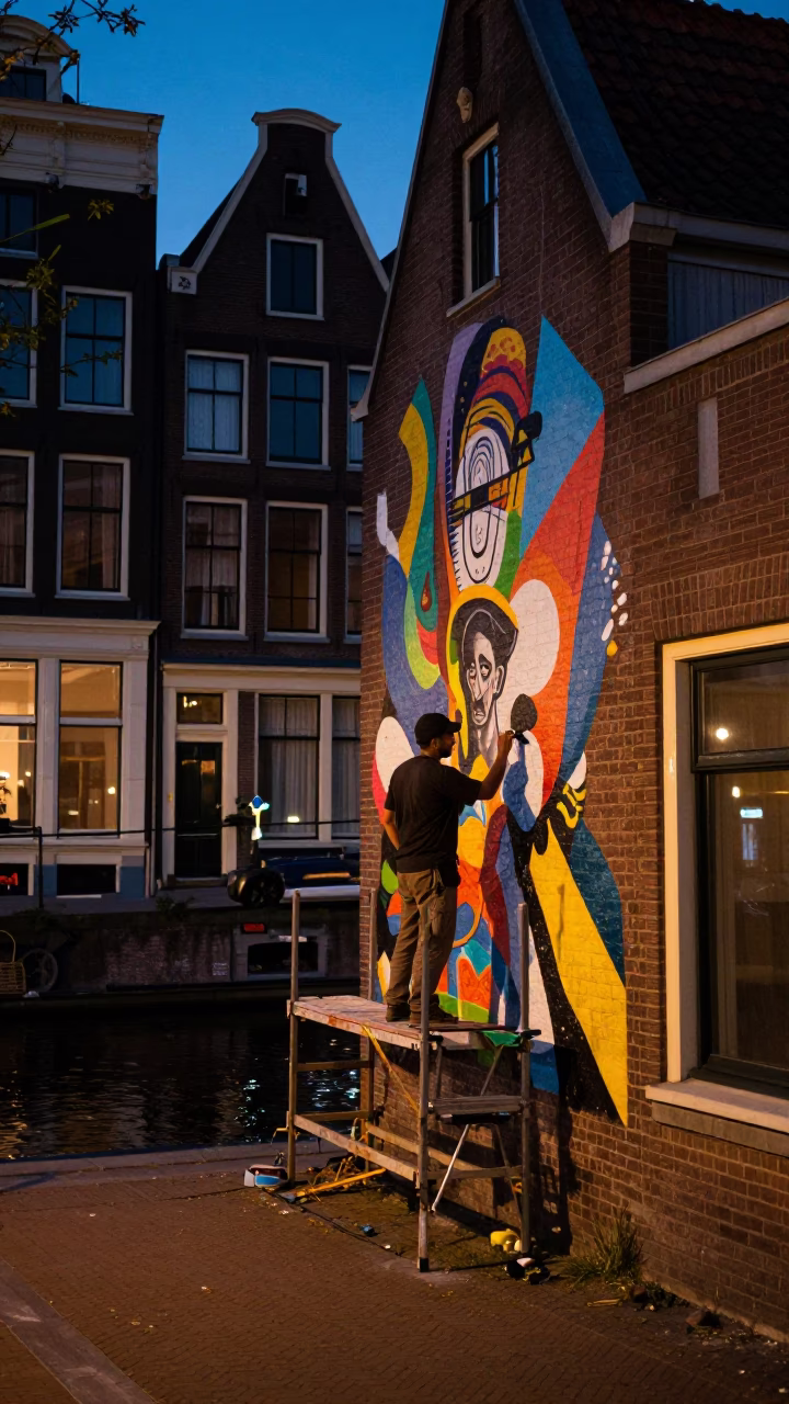 Predawn Amsterdam Canal Street Scene with Artist Painting Mural in Darkness in in Amsterdam, Netherlands
