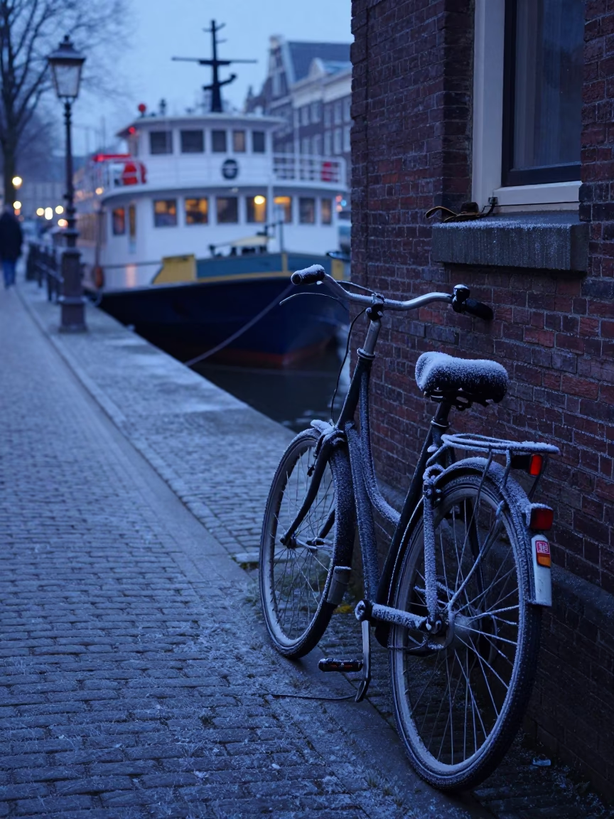 Predawn Amsterdam Canal Street with Frost Crystals and Ferry Dock in in Amsterdam, Netherlands