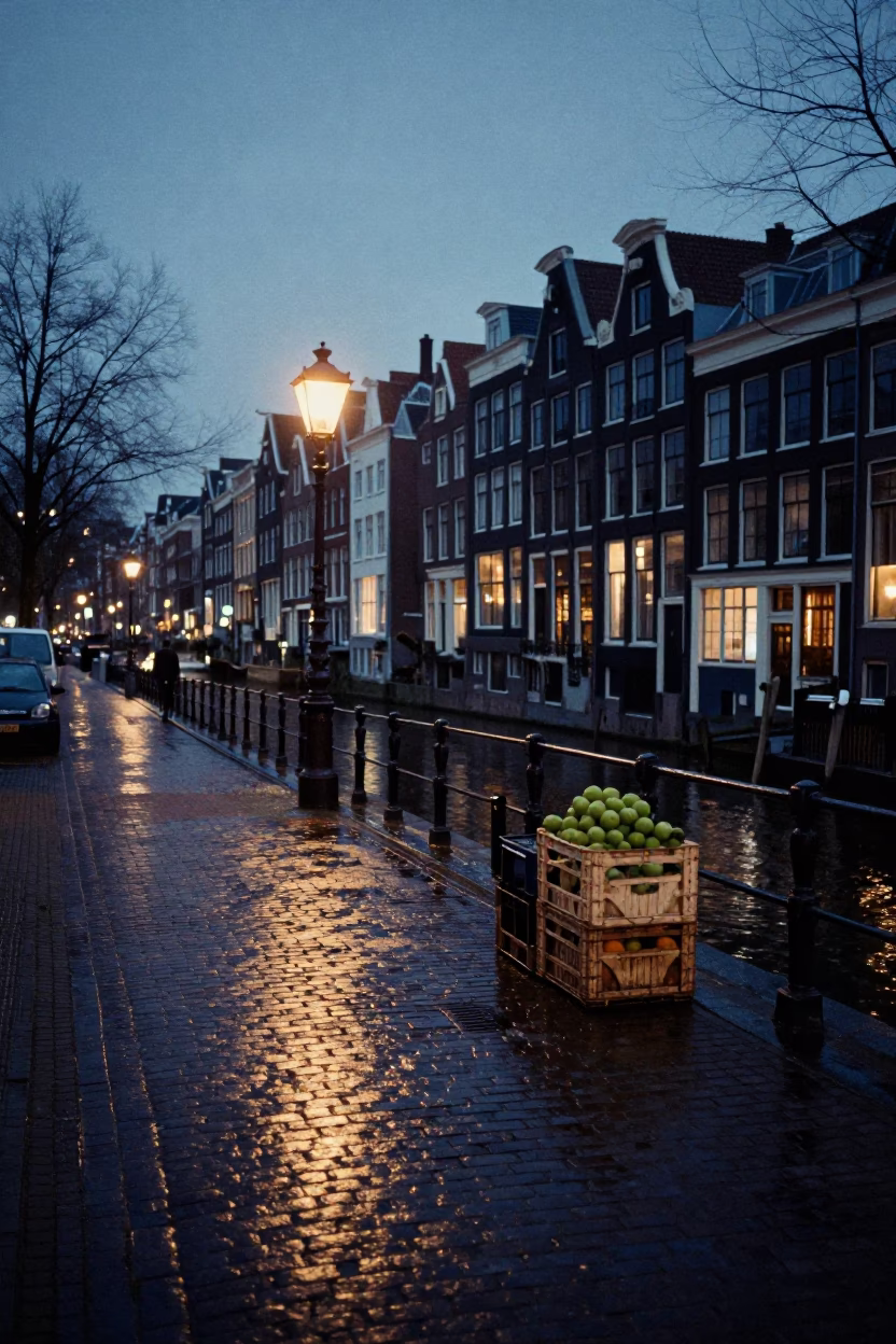 Predawn Amsterdam Canal Street with Fruit Crate and Chimney Sweep in in Amsterdam, Netherlands