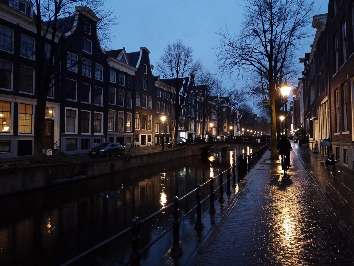 Predawn Amsterdam Canal Street with Reflections and Cobblestones in in Amsterdam, Netherlands