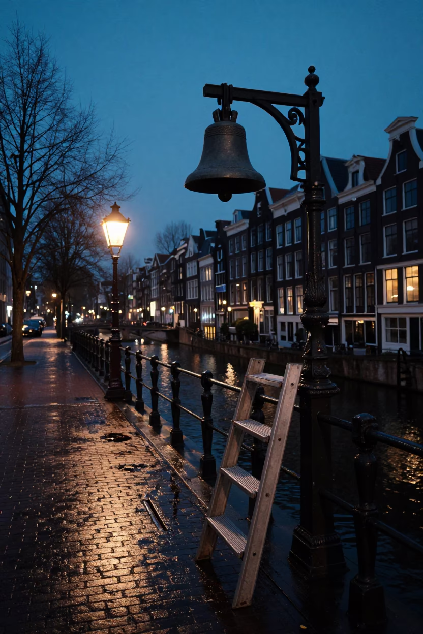 Predawn Amsterdam Street Scene with Bell and Step Ladder in in Amsterdam, Netherlands