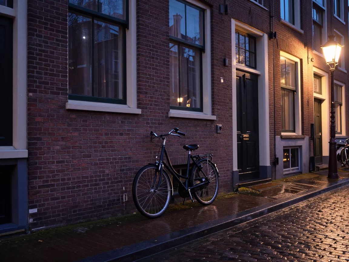 Predawn Amsterdam Street Scene with Bicycle and Wet Cobblestones in in Amsterdam, Netherlands
