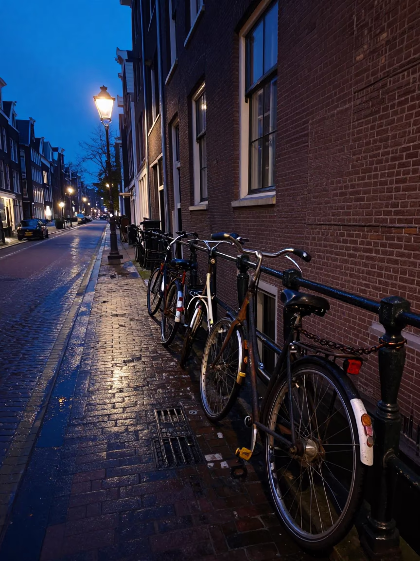 Predawn Amsterdam Street Scene with Bicycle Locks and Wet Cobblestones in Netherlands in in Amsterdam, Netherlands