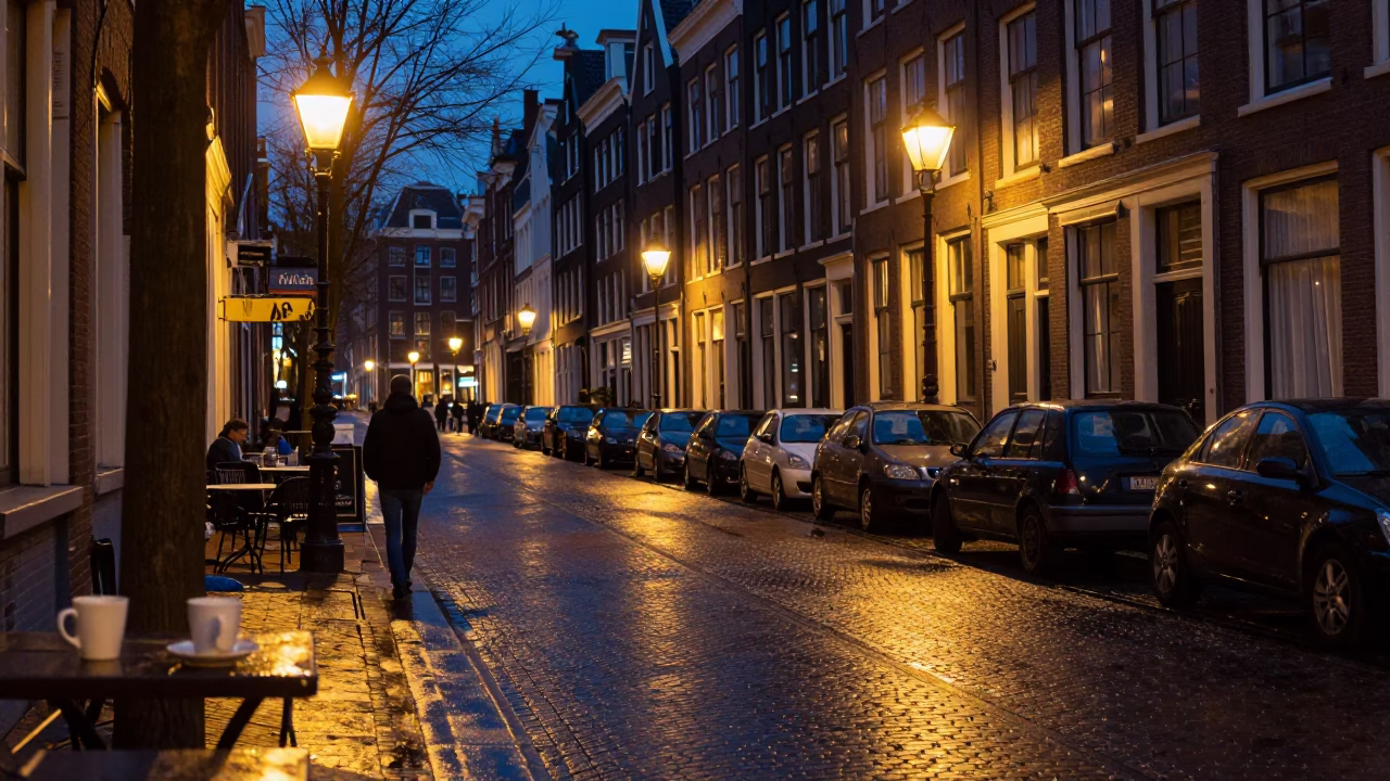 Predawn Amsterdam Street Scene with Coffee Mugs and Vintage Alarm Clock in in Amsterdam, Netherlands