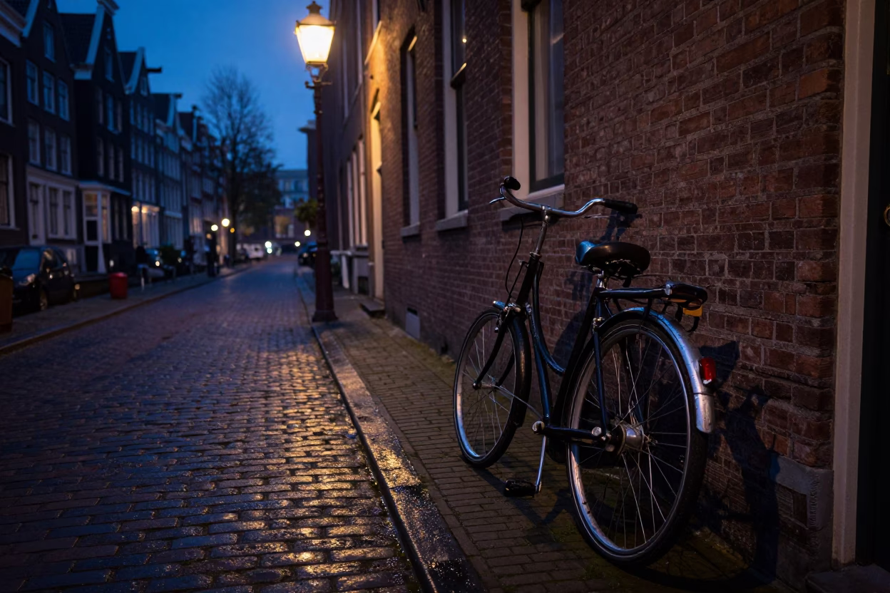 Predawn Amsterdam Street Scene with Vintage 1950s Aesthetic and Canal Reflections in in Amsterdam, Netherlands