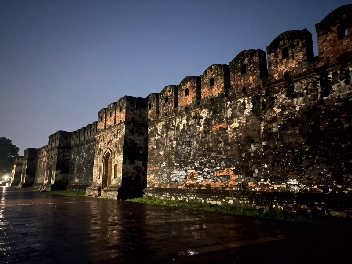 Predawn Ancient Wall Crenellations Chittagong in along a colonnaded facade in Chittagong