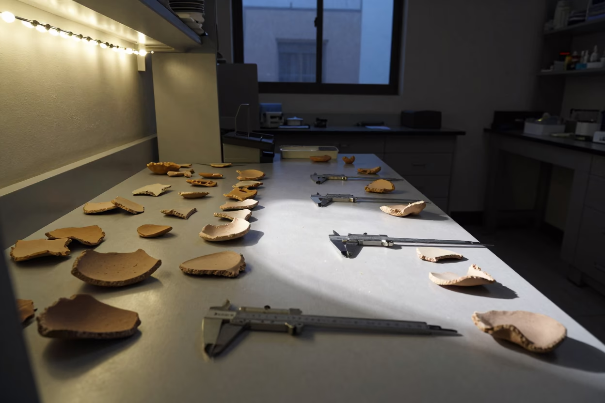 Predawn Archaeometry Lab Table with Calipers in at an engineering workbench near Monterrey