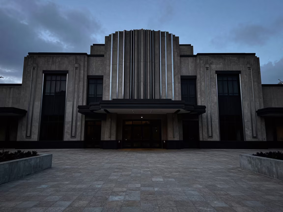 Predawn Art Deco Hotel Facade Rim Light in along a street-facing hotel facade near Wa