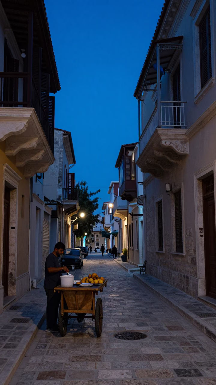 Predawn Athens Greece Street Scene with Local Vendor and Vintage Recorder in in Athens, Greece