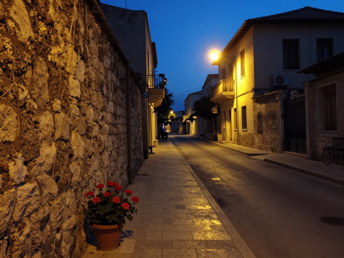 Predawn Athens Greece Street Scene with Potted Geraniums and Quiet Urban Stillness in in Athens, Greece