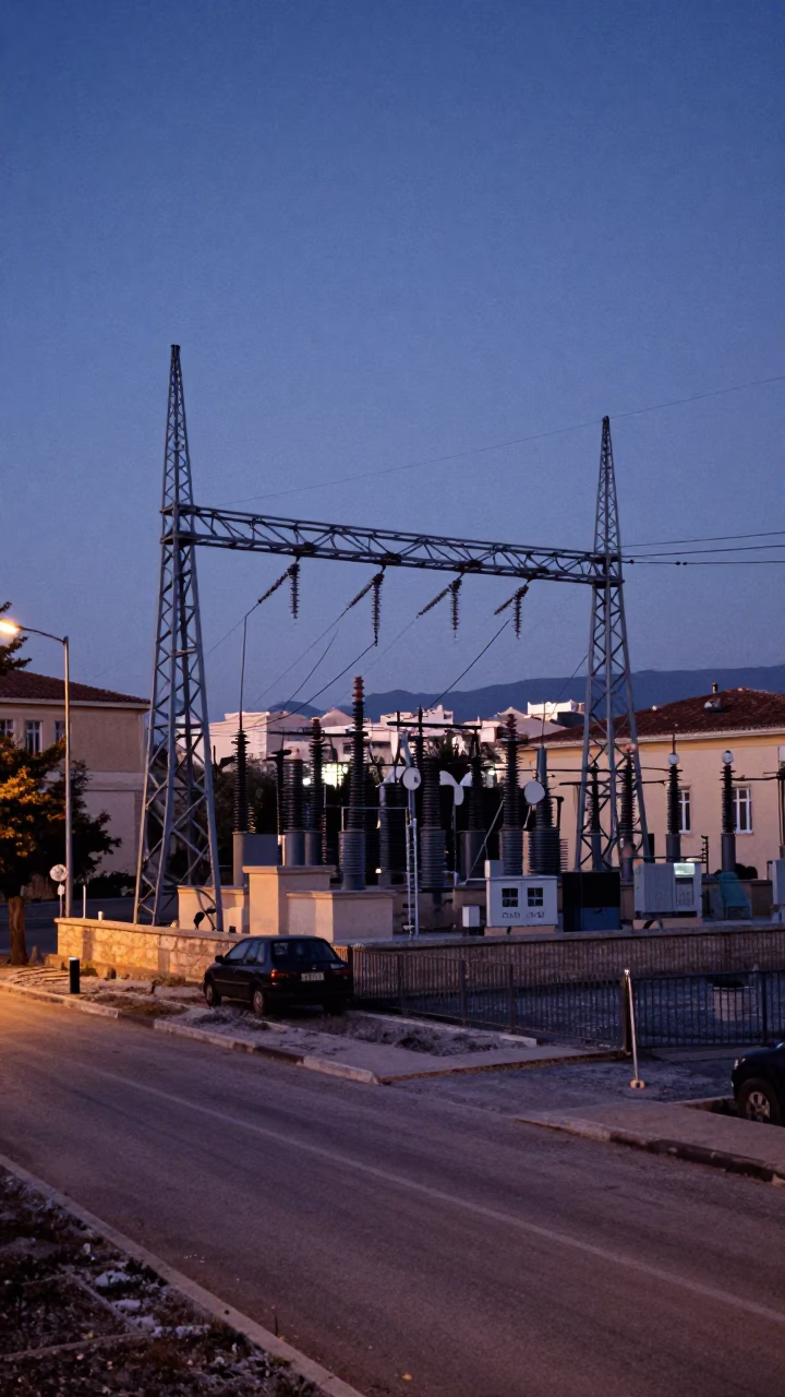 Predawn Athens Greece street scene with transmission substation lattice and hoarfrost before sunrise in in Athens, Greece