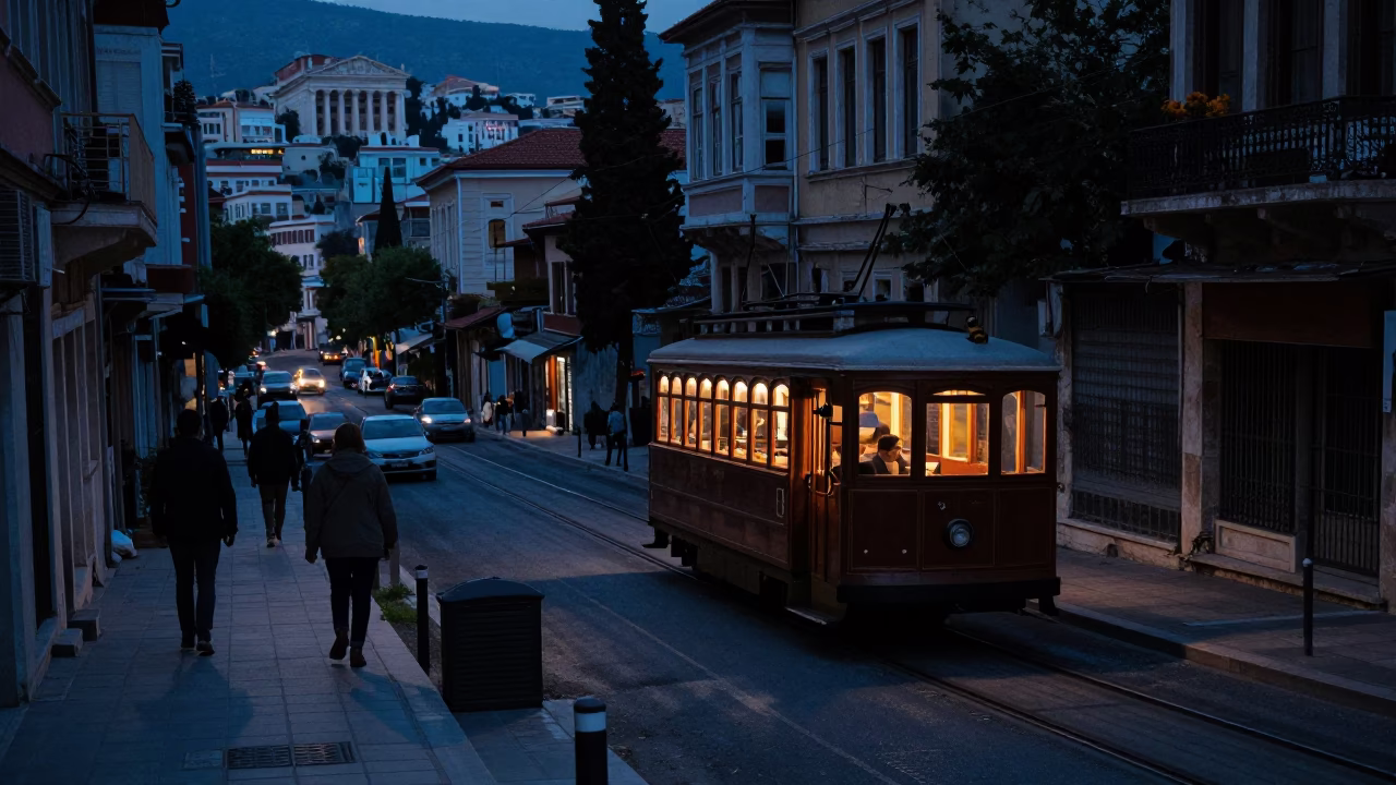 Predawn Athens Greece Street Scene with Vintage Funicular Railway and Urban Architecture in in Athens, Greece