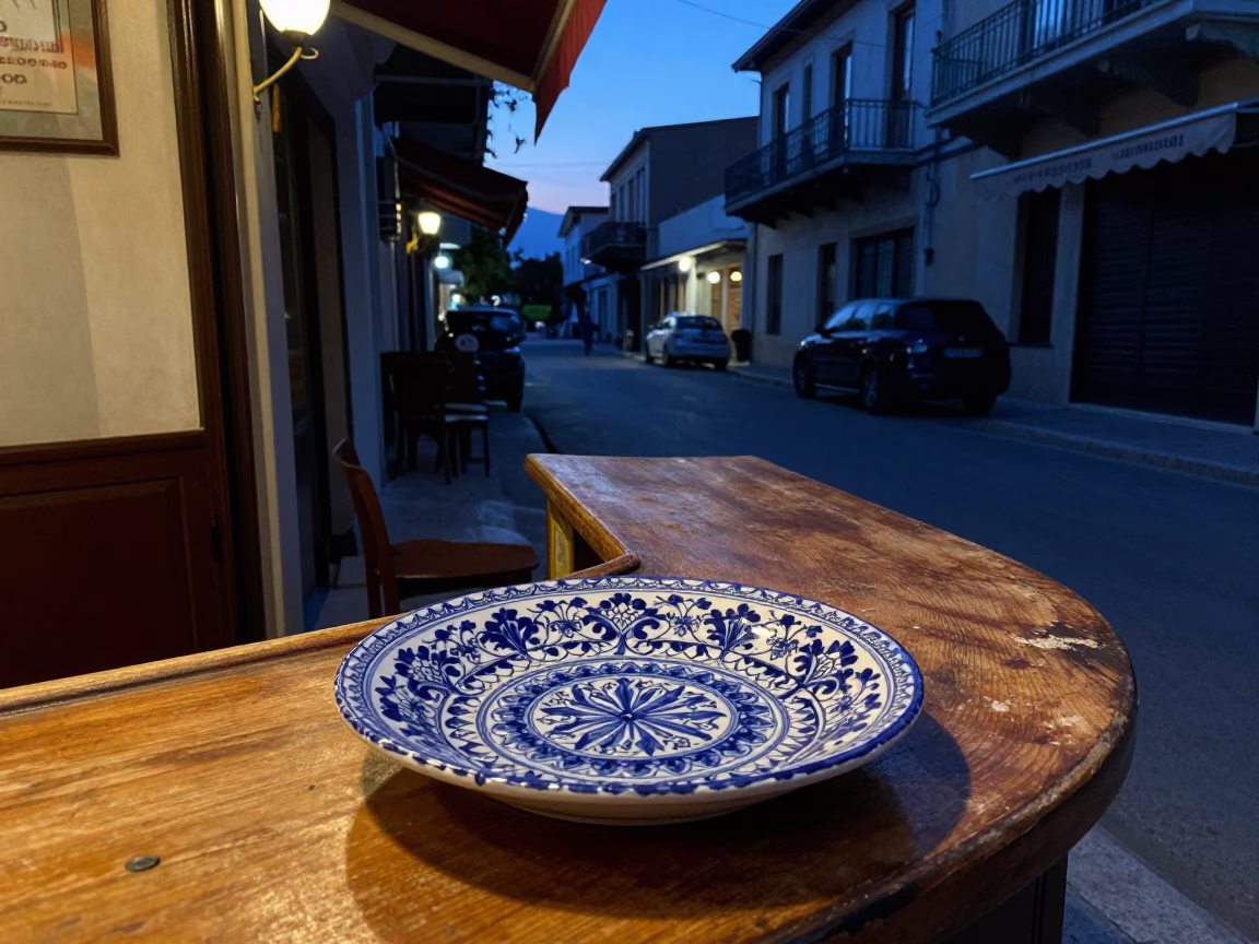 Predawn Athens Greece Street Scene with Vintage Italian Majolica Plate and Key Bowl in in Athens, Greece
