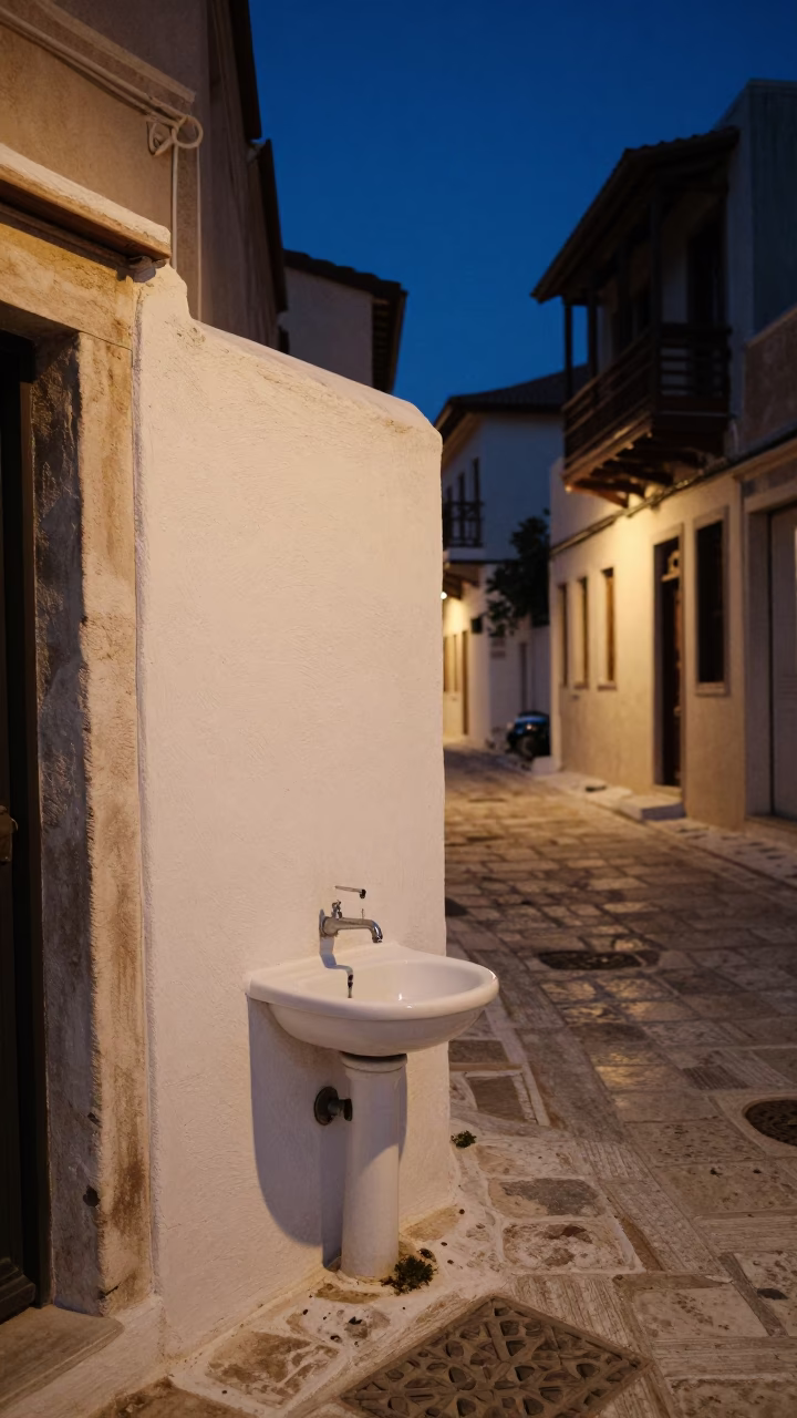 Predawn Athens Greece street scene with wash basin and starry sky in in Athens, Greece
