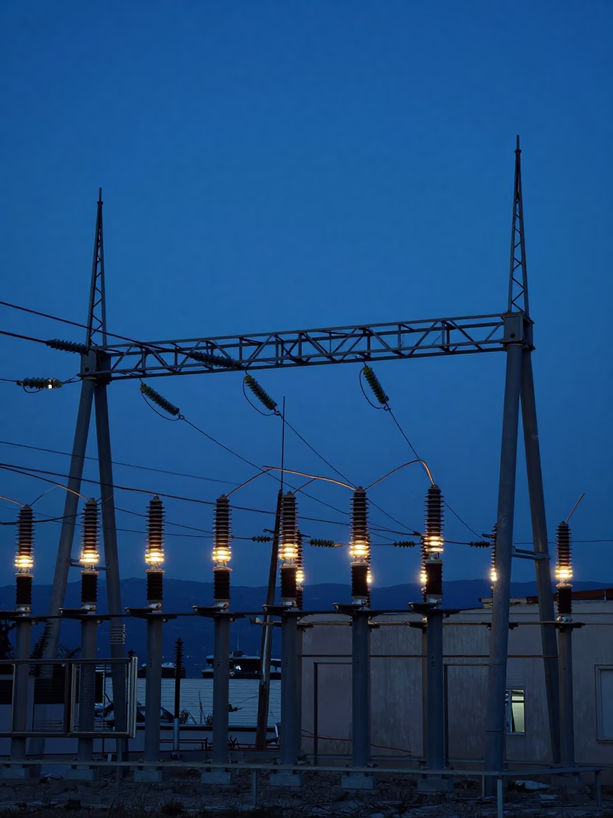 Predawn Athens Greece Substation Busbars Glowing Ice Blue Twilight High Fashion Street Photography in in Athens, Greece