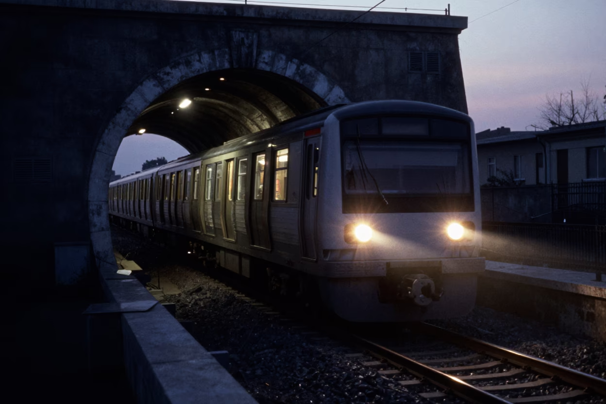 Predawn Athens Metro Train Emerging from Tunnel into Early Morning Light in in Athens, Greece