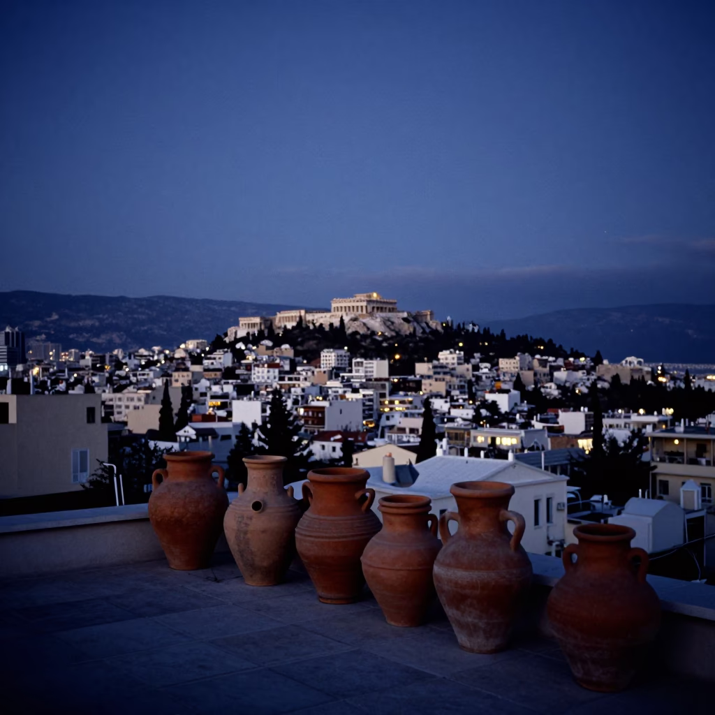 Predawn Athens Skyline View from Rooftop with Clay Pots and Overpass Traffic in in Athens, Greece