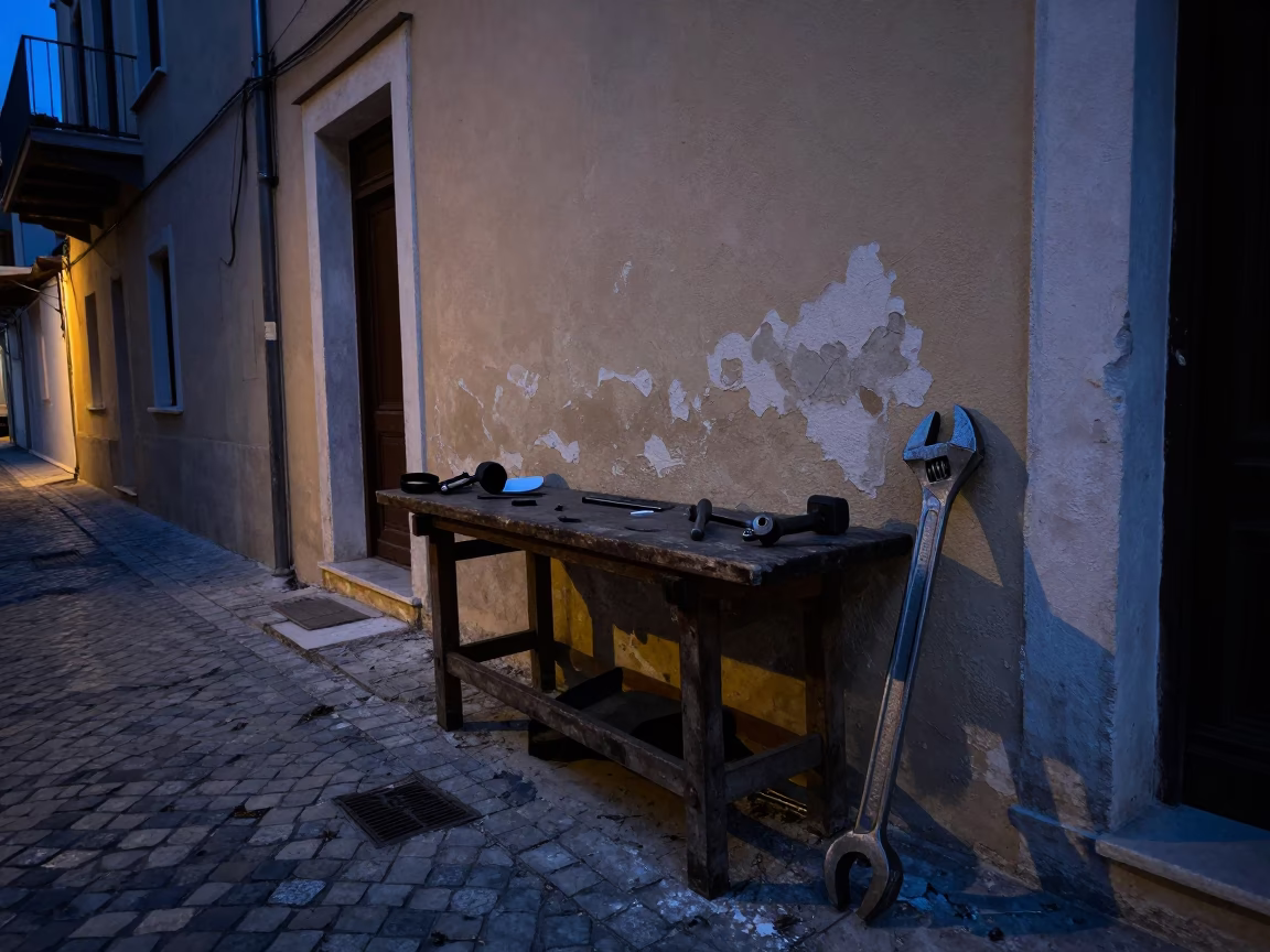 Predawn Athens Street Scene with Adjustable Spanner and Claw Hammer in Greek Alley in in Athens, Greece