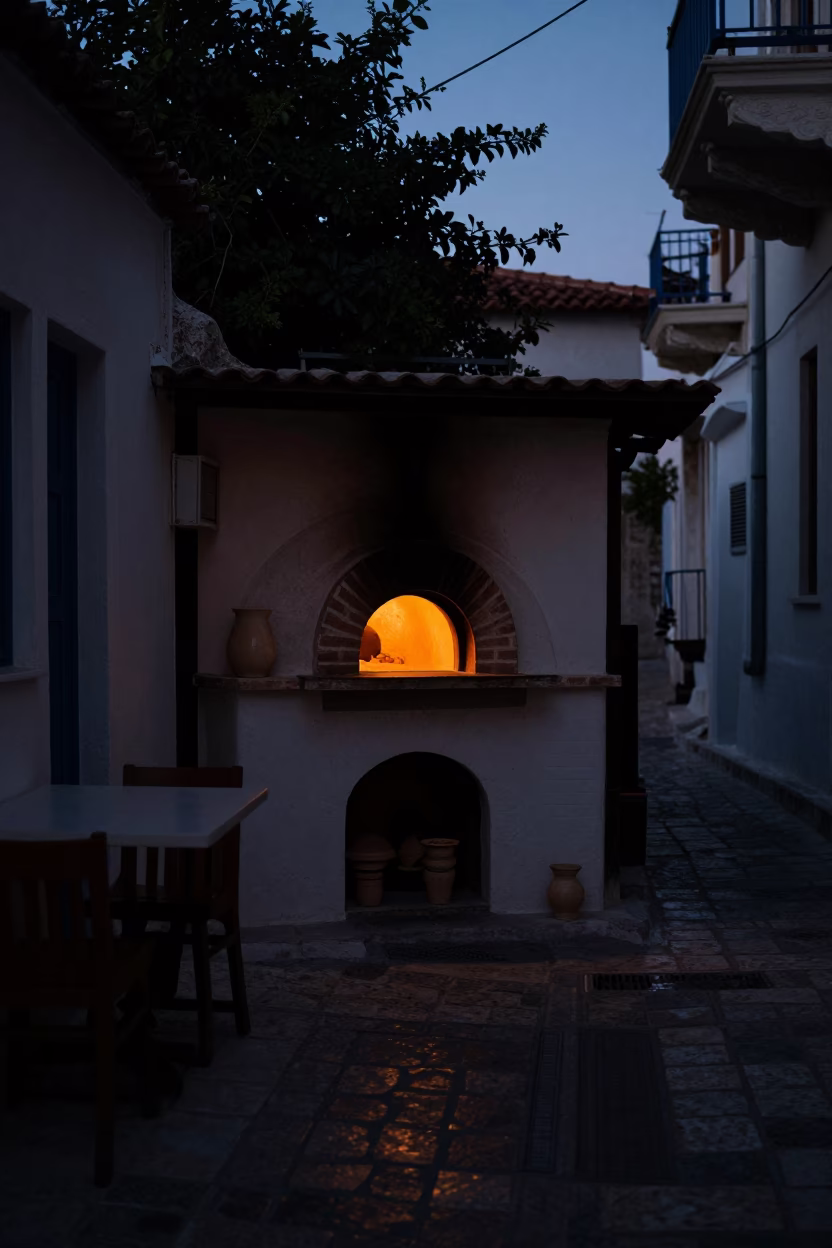 Predawn Athens Street Scene with Brick Oven and Ceramic Details in in Athens, Greece