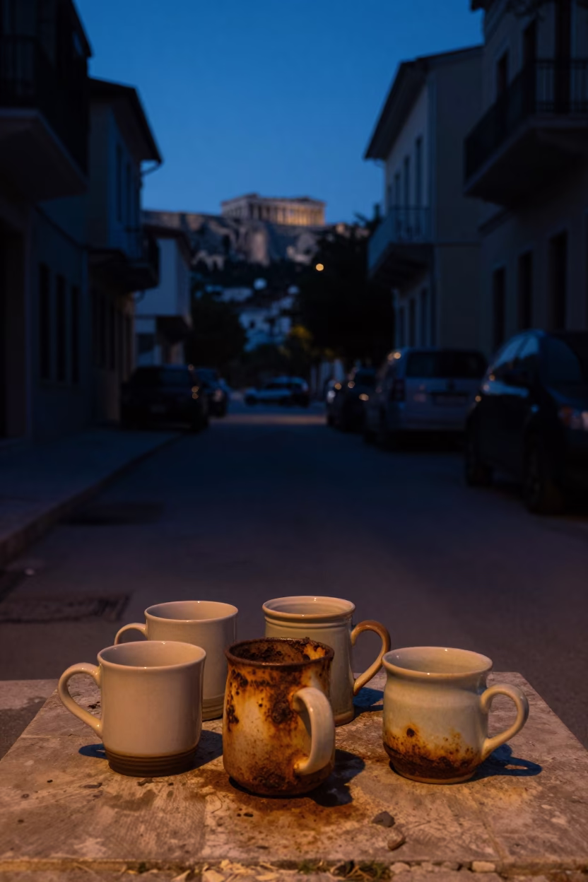 Predawn Athens Street Scene with Ceramic Mugs and Rusty Cabinet Latch in in Athens, Greece