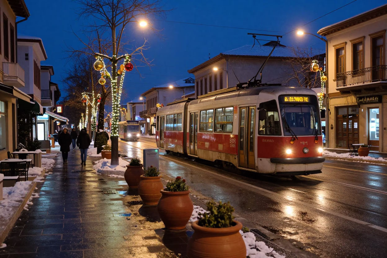 Predawn Athens Street Scene with Clay Pots and Tramcar in in Athens, Greece