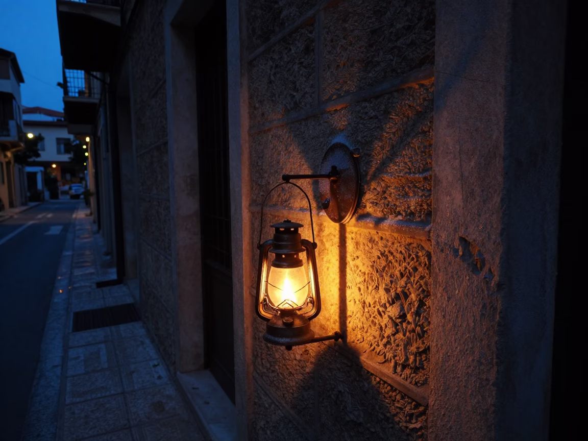 Predawn Athens Street Scene with Condensation on Hook Plate and Oil Lamp in in Athens, Greece